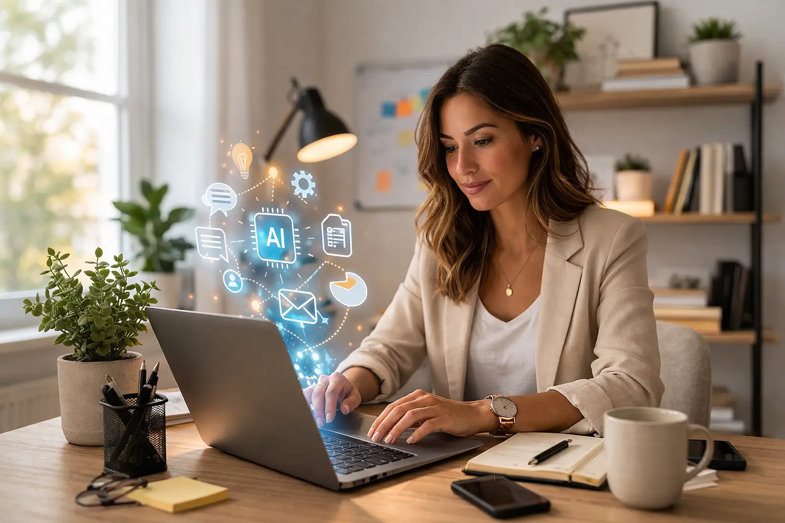 Pienyrittäjä käyttää ChatGPT:tä SEO, AEO & GEO hakukoneoptimointiin kotitoimistossa.